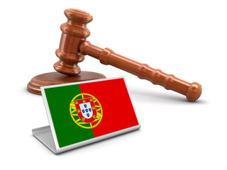 3d wooden mallet and Portuguese flag. Image with clipping path