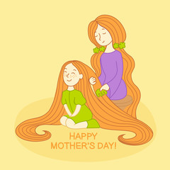 Mother's day card.  Redheaded mother combing daughter's hair. 