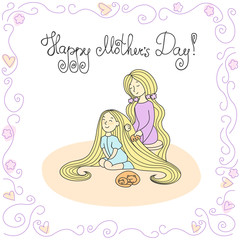Mother's day card. Vector line illustration with lettering.  Mother combing daughter's hair. Sleeping cat and kitten