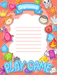 Game kawaii diploma. Cute gaming design elements, objects and symbols