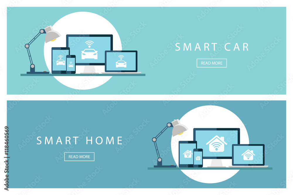 Poster Set of flat design concepts Smart car and Smart home. Internet of things. Banners for web design, marketing and promotion. Presentation templates. Vector illustration.