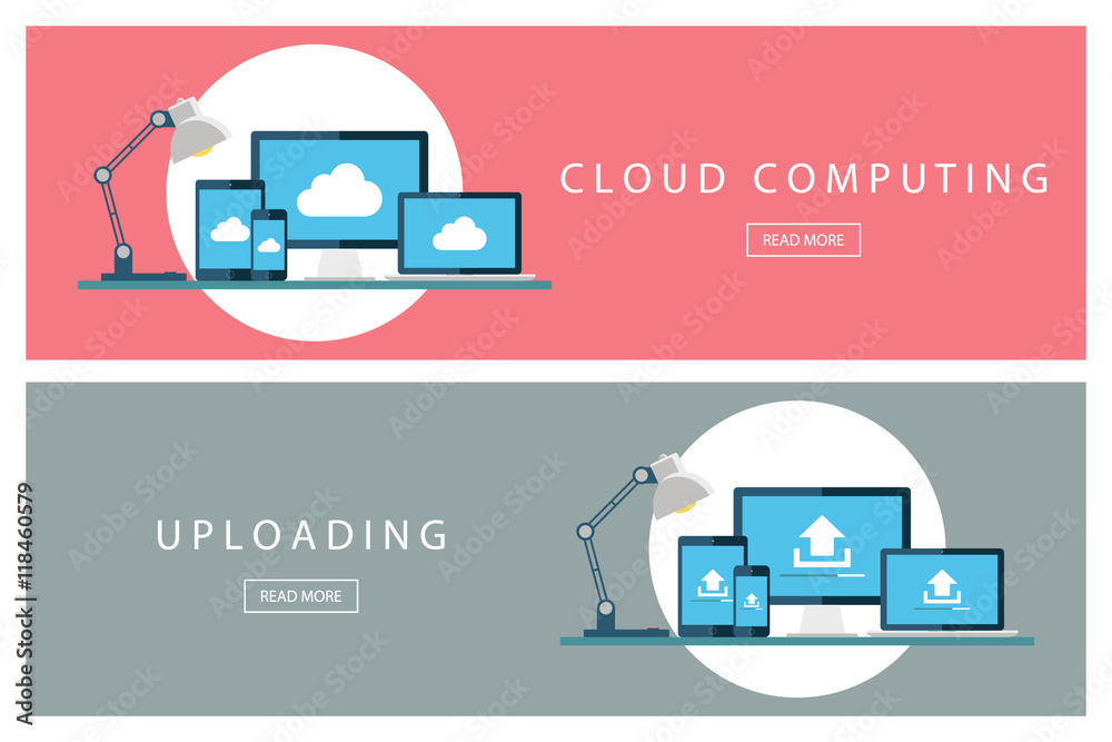 Poster Set of flat design concepts Cloud computing and Uploading technology. Banners for web design, marketing and promotion. Presentation templates. Vector illustration.