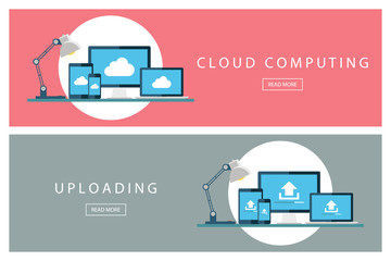 Set of flat design concepts Cloud computing and Uploading technology. Banners for web design, marketing and promotion. Presentation templates. Vector illustration.