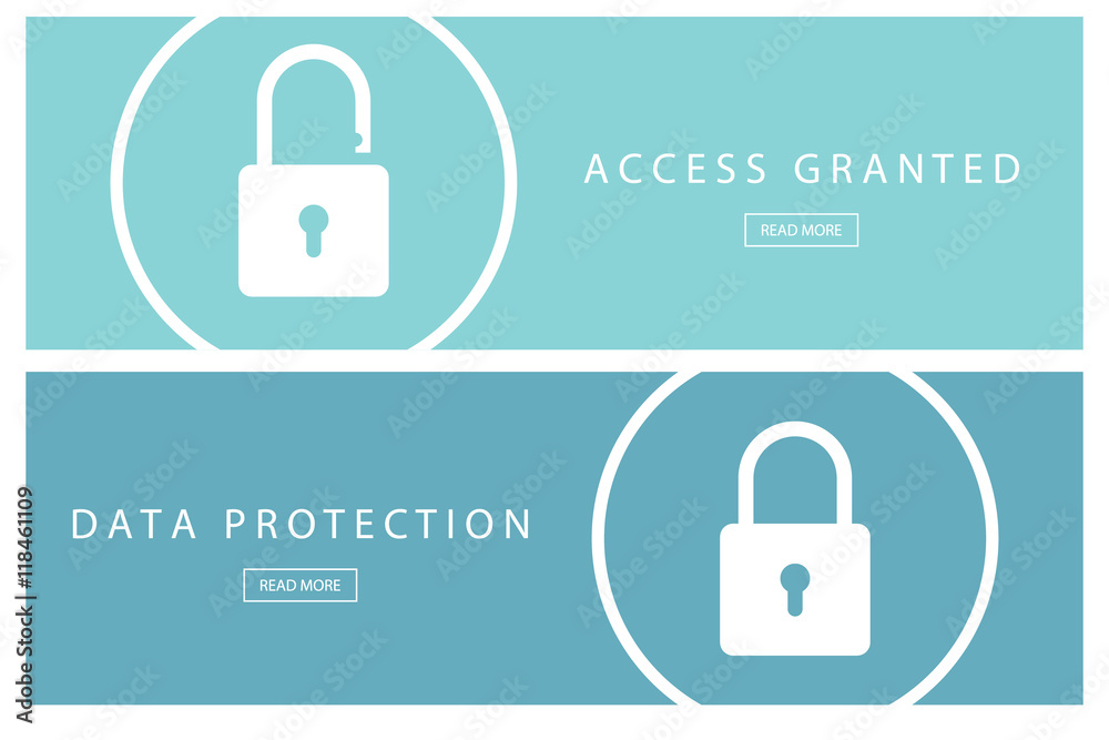 Poster Set of flat design concepts Data protection and Access granted. Banners for web design, marketing and promotion. Presentation templates. Vector illustration.