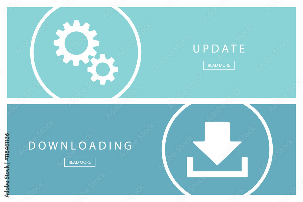 Poster Set of flat design concepts Update and Downloading technology. Install new software, operating system. Banners for web design, marketing and promotion. Presentation templates. Vector illustration.