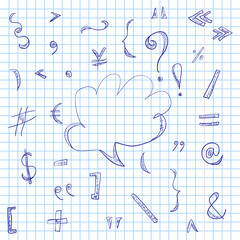 Hand Drawn Scribble Symbols and Speech Bubble on a Sheet of Copybook in a Cage. Doodle Style. Vector Illustration.