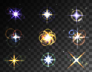 VECTOR eps 10. Glowing collection. Sparkling stars, light effects, glowing realistic flares of camera lens.