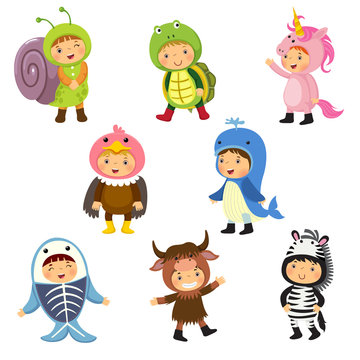 Set of cute kids wearing animal costumes. 