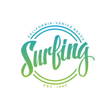 Surfing. Calligraphy. Surfing logo. Handwritten word. Surf typography, t-shirt graphics. Vector illustration.