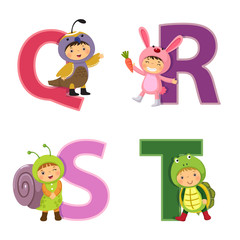 English alphabet with kids in animal costume, Q to T letters