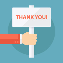 Male hand holding Thank You! sign. Flat design vector illustration.