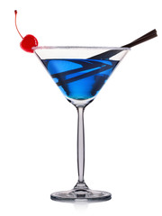 Blue cocktail in martini glass isolated on white background.