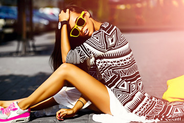 Fashion funny  glamor stylish sexy smiling  beautiful  young woman model in hipster summer clothes...
