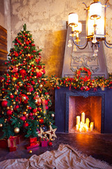 Christmas Room Interior Design, Xmas Tree Decorated By Lights Pr