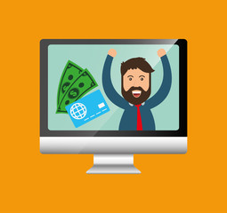 computer bills credit card man online payment shopping ecommerce icon. Flat illustration. Vector graphic