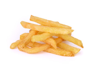 pile of appetizing french fries on a white background