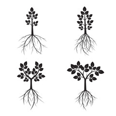 Set Black Trees and Roots. Vector Illustration.
