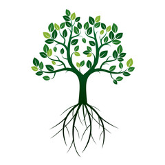 Shape of Green Tree and Roots. Vector Illustration.