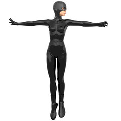 one young superhero slim girl in full black super suit. It upright for the flight. Hands apart in different directions