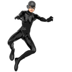 one young superhero slim girl in full black super suit. It's in the air. Hands in the pose of a release of energy. Legs half bent