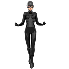 one young superhero slim girl in full black super suit. She is in the posture of flight. His fists are clenched. A stern look directed at the camera