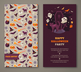 Halloween party invitation with black cat, grave and pattern