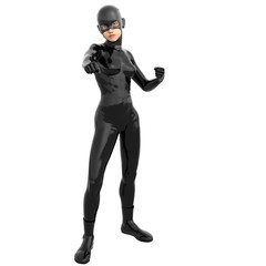 one young superhero slim girl in full black super suit. Standing half-sideways. Right hand in the position of impact