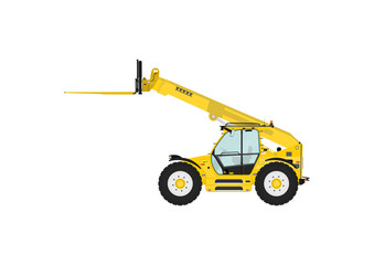 Telescopic handler equipped with fork on a white background. Side view. Flat vector