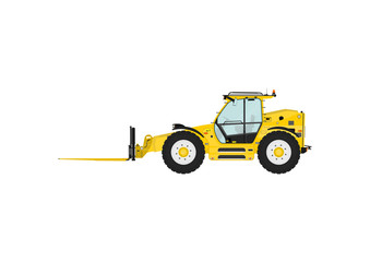 Telescopic handler equipped with fork on a white background. Side view. Flat vector
