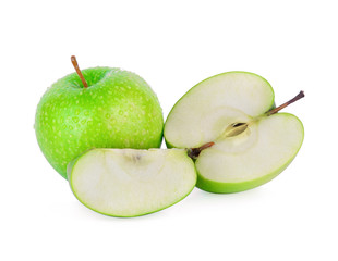 Green granny smith apple with a Drop of water on white backgroun