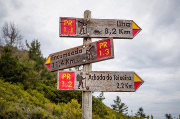 Hiking routes wooden road sigh in the mountains of Madeira island