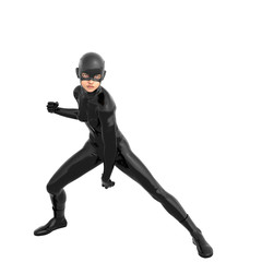 one young superhero slim girl in full black super suit. Stands in a pose of protection. One hand is pointing down. Right hand balled in a fist