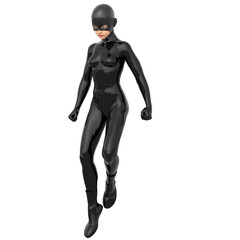 one young superhero slim girl in full black super suit. She stands with a stern look and fists clenched