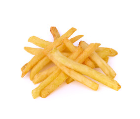 pile of appetizing french fries on a white background