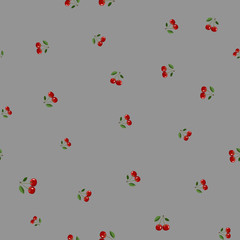 Pattern of red small cherry different sizes with leaves on gray background