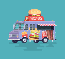 Vector colorful flat fast food truck. Street cuisine. Burgers and sandwiches. Cartoon food truck illustration.