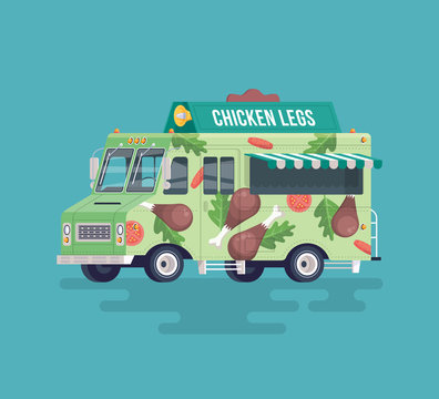 Vector colorful flat fried chicken legs truck. Street cuisine. Cartoon food truck illustration.