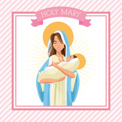 mary holy baby jesus family merry christmas icon. Pastel frame ribbon colorful design. Vector illustration