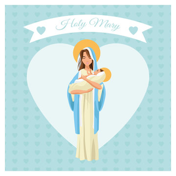 mary holy baby jesus family merry christmas icon. Pastel heart ribbon colorful design. Vector illustration