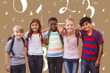 Composite image of smiling little school kids in school corridor