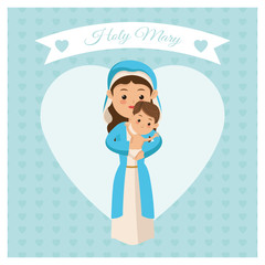 mary holy baby jesus family merry christmas icon. Pastel heart ribbon colorful design. Vector illustration