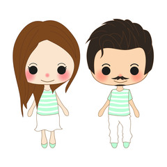 Lover Chibi Style. Cute Woman and Mustache Man in Couple Shirt. Vector Illustration