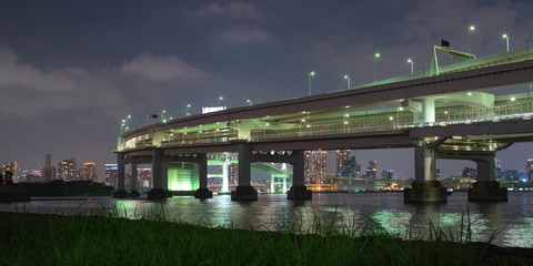 Fototapeta premium Rainbow Bridge and Tokyo skyline at night