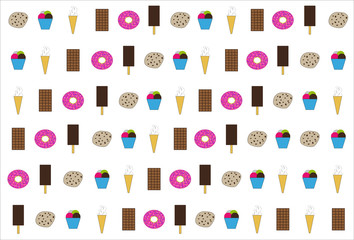 Chocolate bar, cookie, ice-cream cone, donut on white background. Vector pattern
