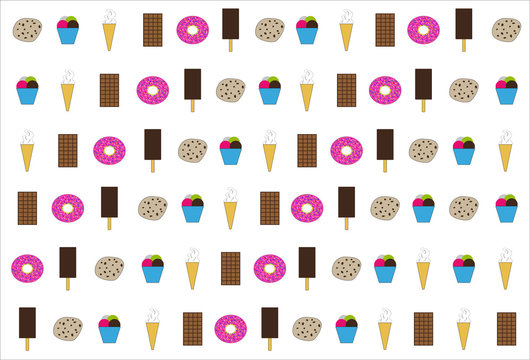 Chocolate bar, cookie, ice-cream cone, donut on white background. Vector pattern