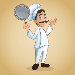 man chef mustache chefs hat frying pan person kitchen restaurant icon. Cartoon and anime design. Vector illustration