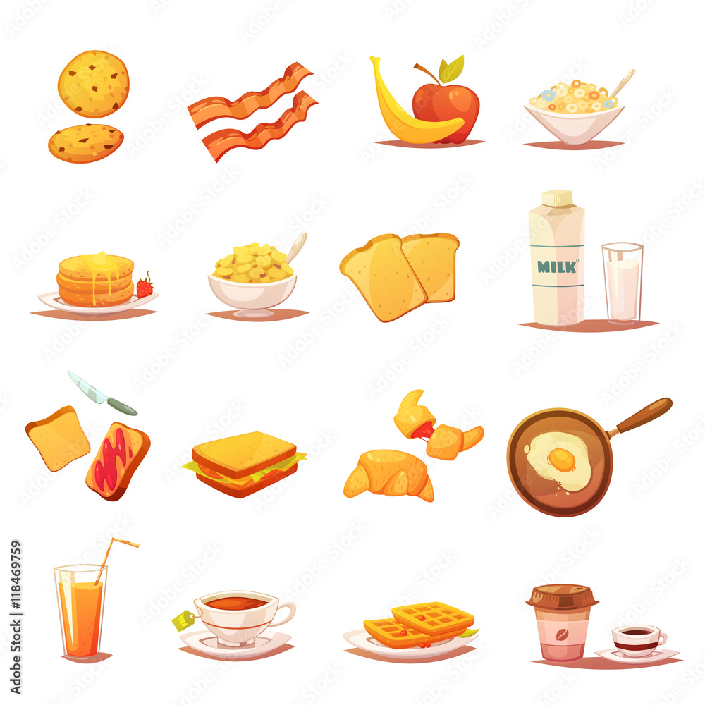 Sticker Classic Breakfast Elements Retro Icons Set 