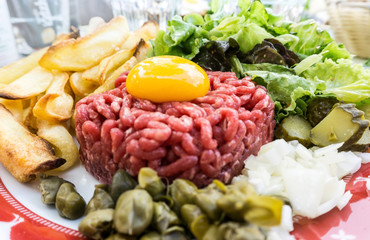 tasty Steak tartare (Raw beef) - classic steak tartare on white