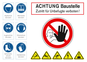 Warning sign for construction site in German language - obrazy, fototapety, plakaty