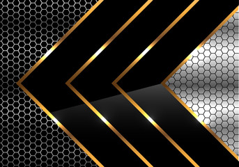 Vector black arrow and gold line on metal hexagon mesh design background illustration.